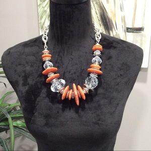 New Coral & Silver Beaded Cluster Necklace